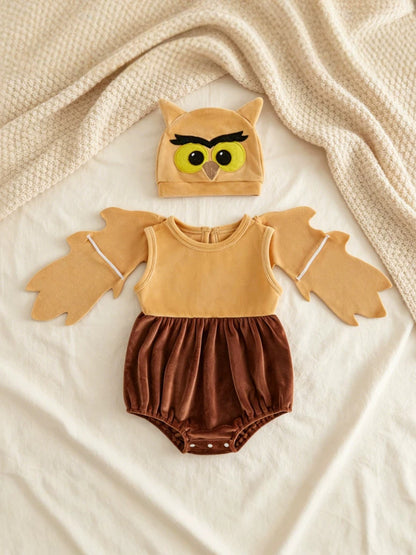 Wholesale 0-18M Baby Boys 2Pcs Owl Costume Velvet Bodysuit Set, Soft Plush Halloween Character Outfit With Matching Hat