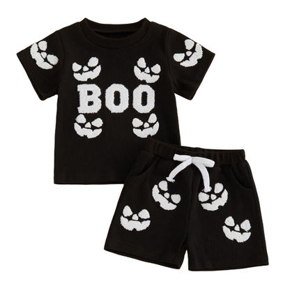 Wholesale 6M-4T Boys 2Pcs Waffle Knit Halloween Towel Embroidery Outfit Set, Kids Soft Thermal Halloween Short Sleeve Top & Shorts Set