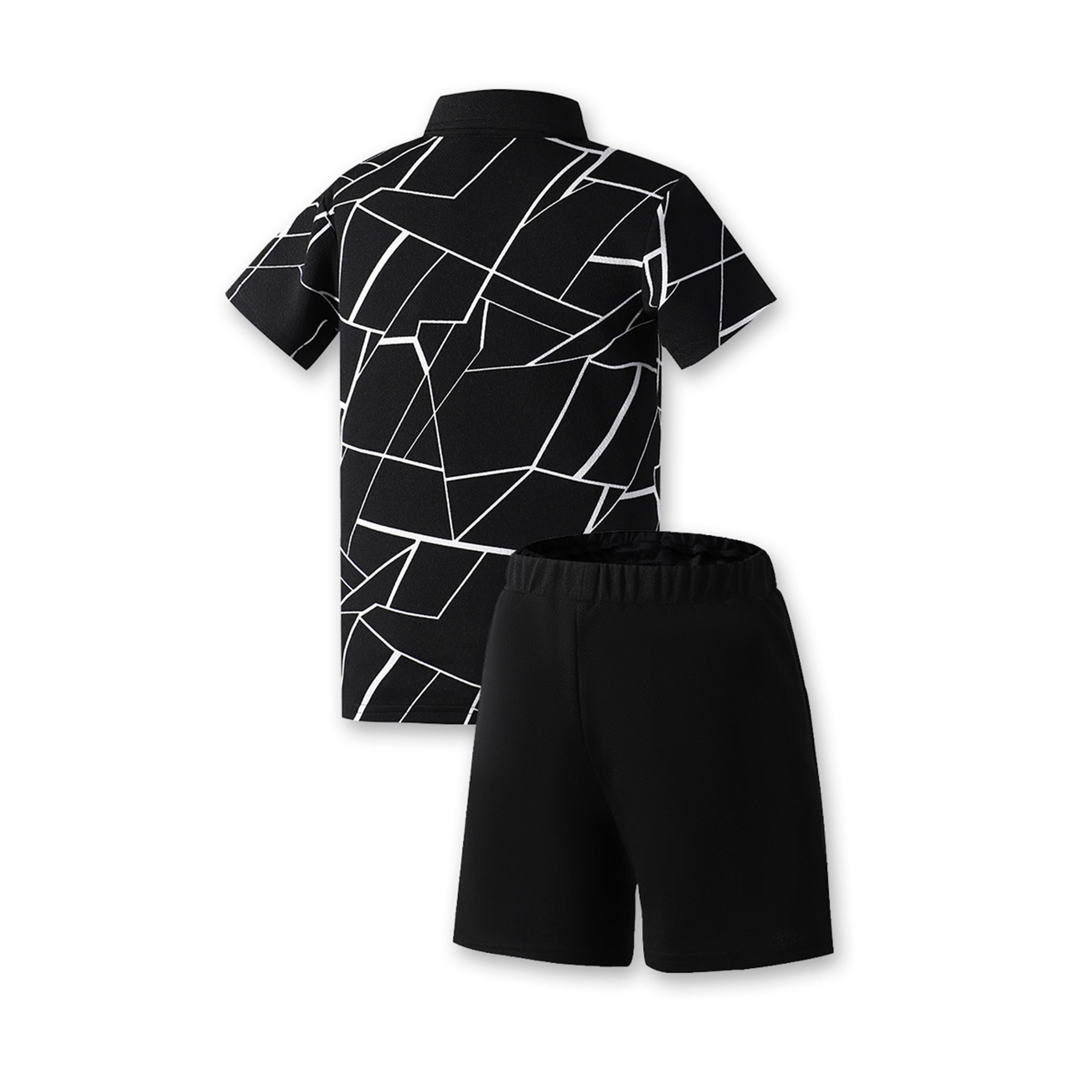 7-15Y Ready Stock Kids Boys Clothes Geographical Printing Summer Turn-down Collar Shirt Elastic Shorts 2Pcs Outfits Set Black Catpapa 462312461