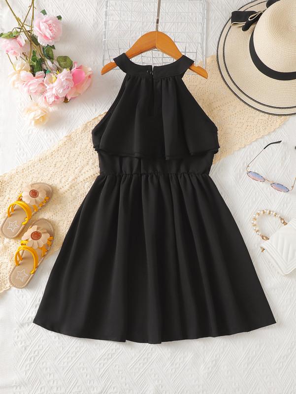 5-14Y Ready Stock 5-14y Big Girls Dress Solid Color Ruffle Trim Halter Neck Princess Dress For Party Beach Vacation Kids Summer Elegant Clothes Black Catpapa 462302007