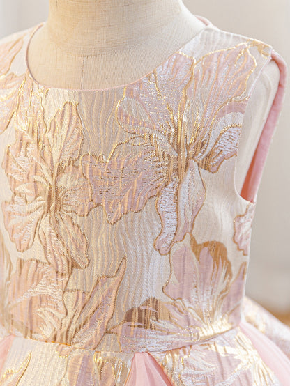 Wholesale 2-10Y Girls Sleeveless Gold Floral Jacquard Tulle Princess Dress, Kids Birthday Party Soft Woven Formal Gown