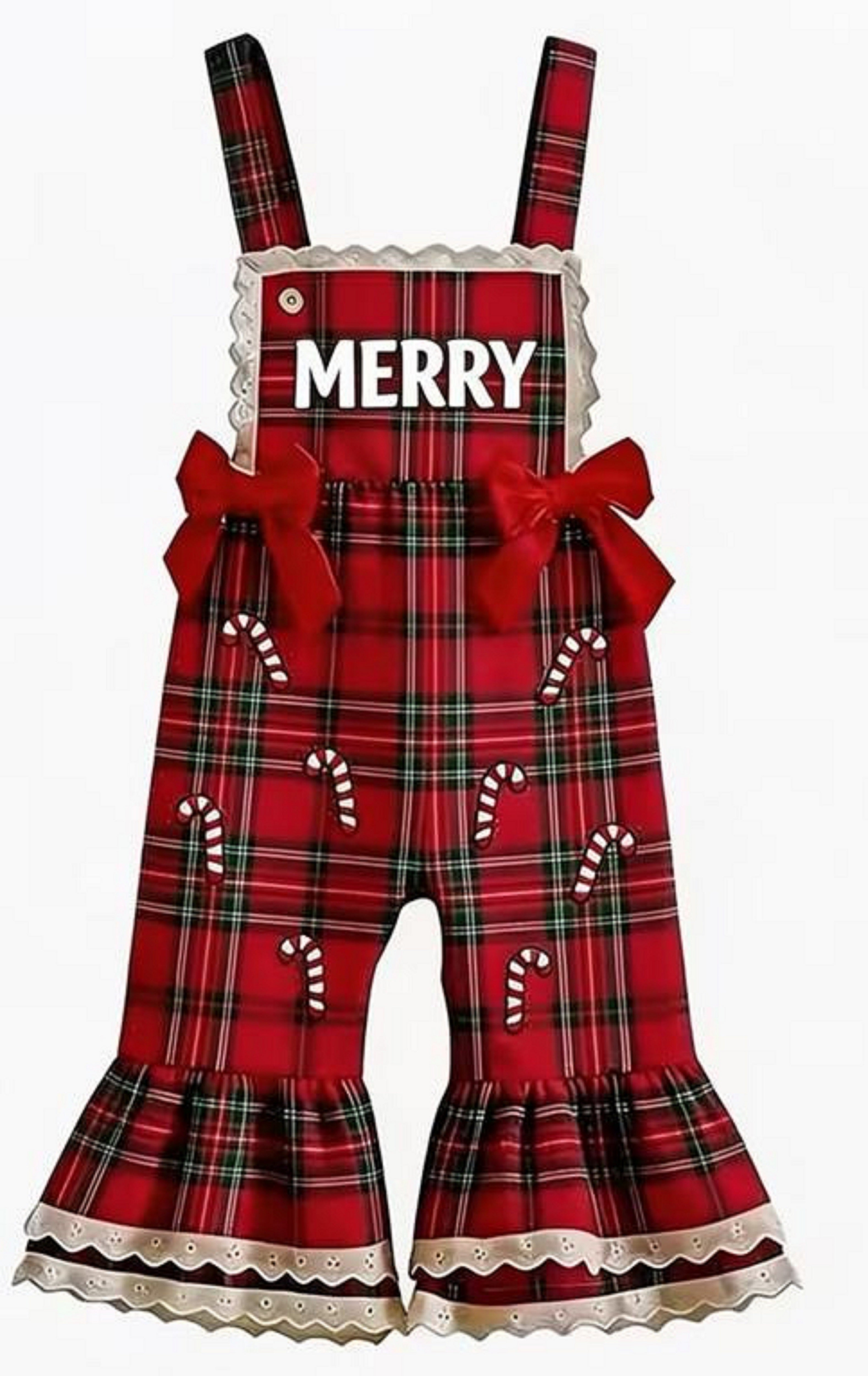 Wholesale 12M-5Y Girls Christmas Plaid Suspender Overalls, Soft Woven Candy Cane Santa Patch Flare Leg Bow Jumpsuit