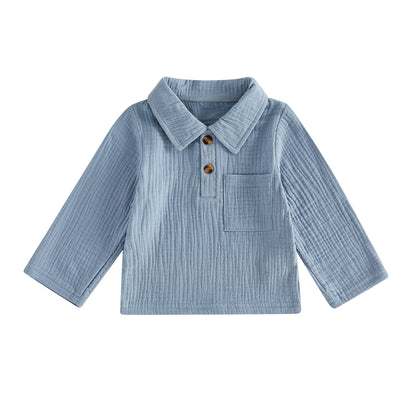 Wholesale 6M-3T Baby Boys Collared Long Sleeve Polo Shirt, Soft Crinkle Gauze Casual Pocket Kids Top