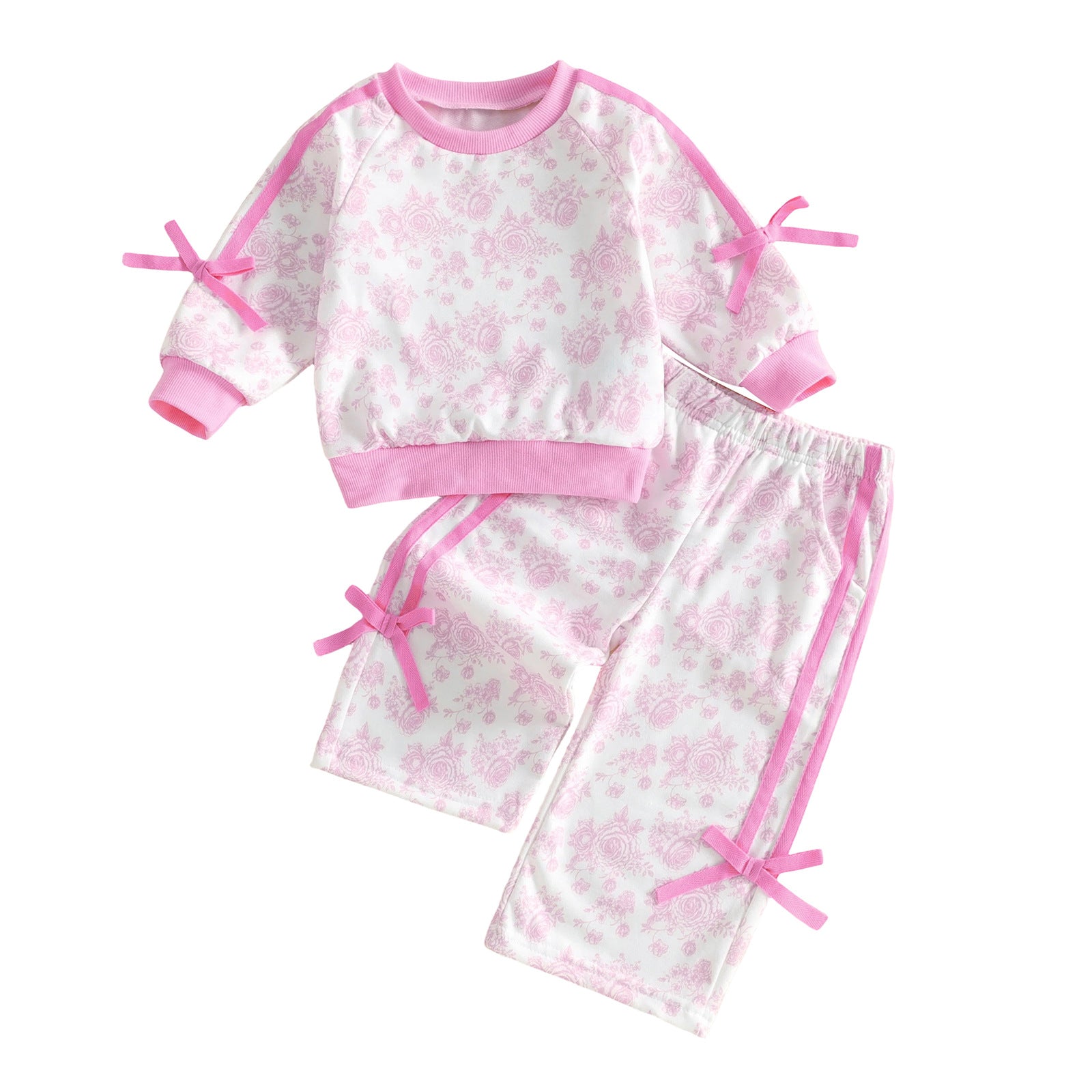 Wholesale 6M-4T Girls 2Pcs Floral Bow Stripe Sweatshirt Outfit Set, Soft Cotton Knit Raglan Sleeve Top & Straight Leg Pants