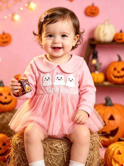 Wholesale 0-18M Baby Girls Halloween Peter Pan Collar Tulle Tutu Romper, Soft Cotton Knit Embroidery Long Sleeve Skirted Bodysuit