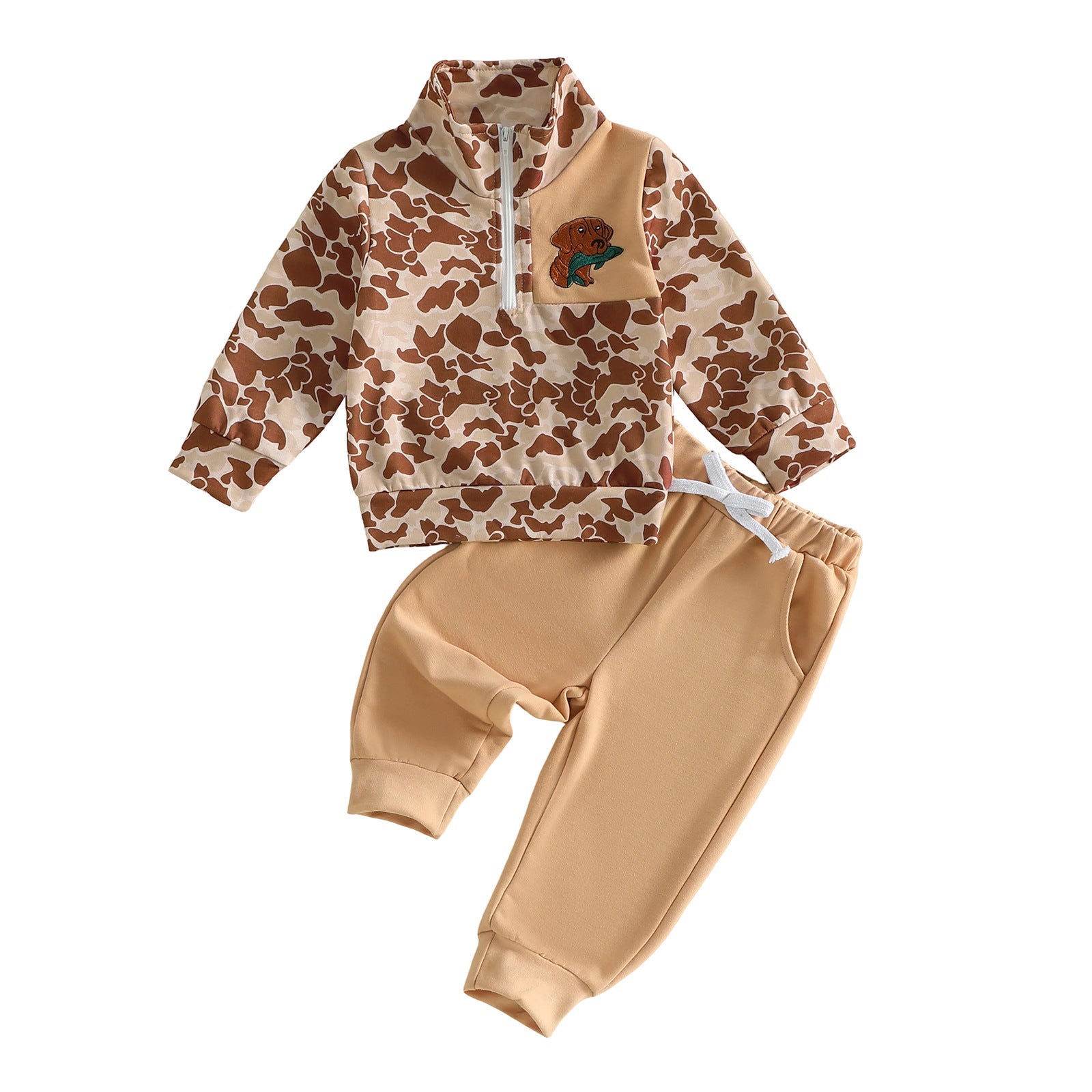 Wholesale 6M-4T Boys 2Pcs Camo Dog Embroidery Half Zip Sweatshirt Outfit Set, Soft Cotton Knit Hunting Style Toddler Top & Jogger Pants