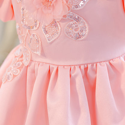 Wholesale 2-10Y Girls Puff Sleeve Rhinestone Floral Woven Princess Dress, Kids Birthday Party Soft Woven Formal Gown