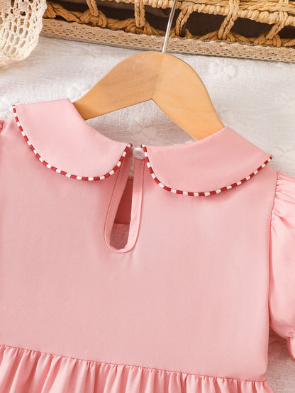 Wholesale 2-7Y Girls Peter Pan Collar ABC Apple Towel Embroidery Woven Dress, Kids Soft Waffle Smocked Back To School Casual Dress