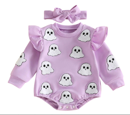 Wholesale 0-18M Baby Girls 2Pcs Ruffle Sleeve Halloween Towel Embroidery Bodysuit Set, Soft Knit Ghost Pumpkin Romper With Bow Headband