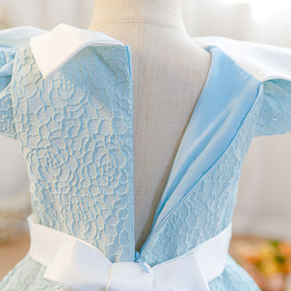 Wholesale 2-10Y Girls Puff Sleeve Peter Pan Bow Embossed Woven Princess Dress, Kids Birthday Party Soft Textured Formal Gown
