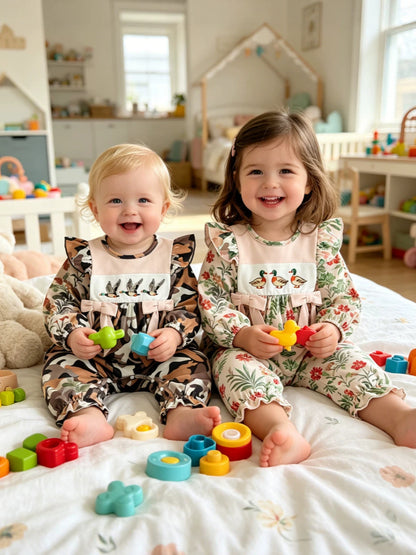 Wholesale 0-18M Baby Girls Duck Embroidery Flutter Sleeve Long Sleeve Jumpsuit, Soft Stretch Printed Casual Baby Bodysuit