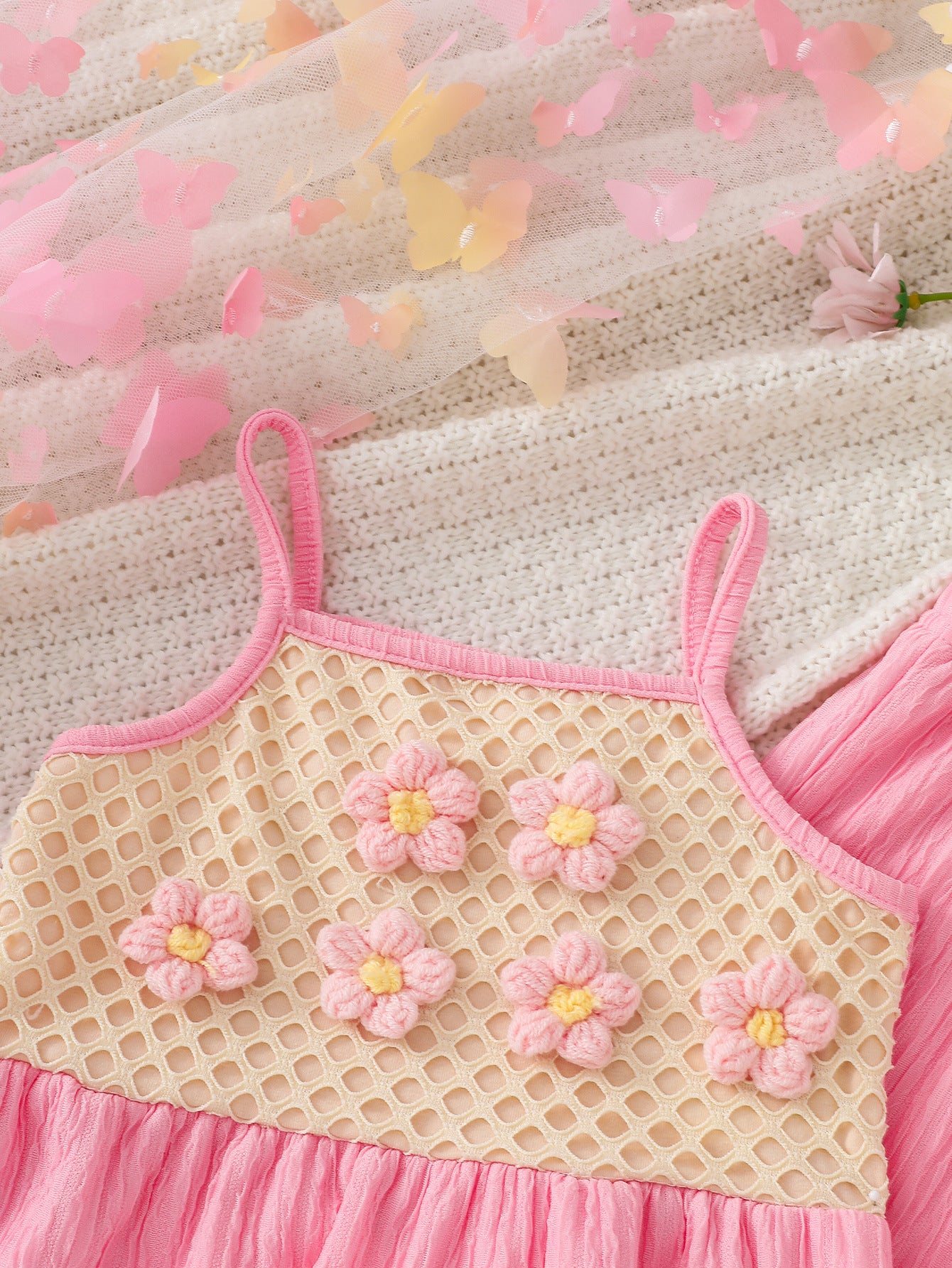 Wholesale 6M-4T Girls 2Pcs 3D Flower Mesh Cami Top Wide Leg Pants Outfit Set, Kids Soft Crinkle Fabric Summer Casual Two Piece Set