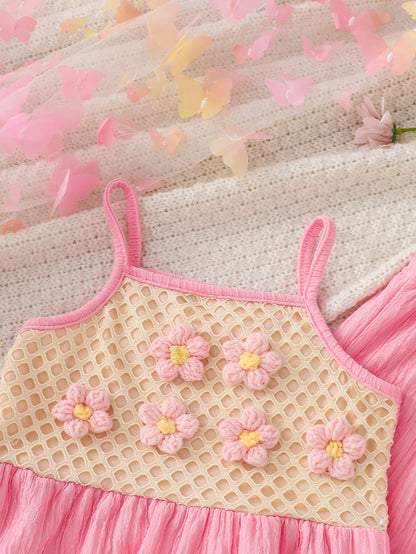 Wholesale 6M-4T Girls 2Pcs 3D Flower Mesh Cami Top Wide Leg Pants Outfit Set, Kids Soft Crinkle Fabric Summer Casual Two Piece Set