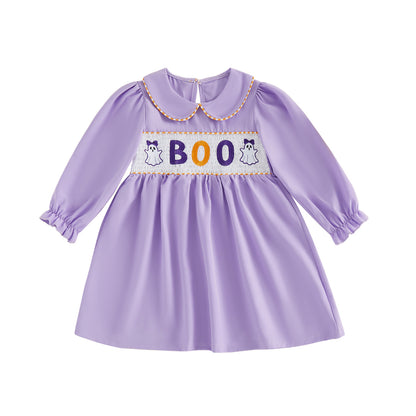 Wholesale 18M-6Y Girls Peter Pan Collar Halloween Smocked Embroidery Woven Dress, Kids Soft Long Sleeve Halloween Casual Dress