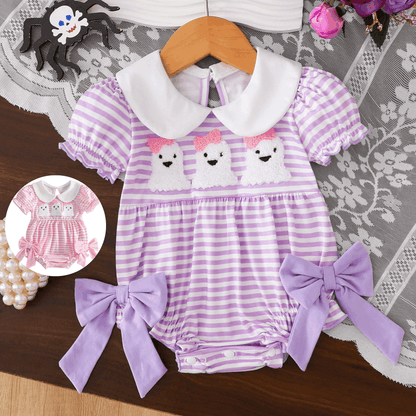 Wholesale 0-18M Baby Girls Peter Pan Collar Striped Ghost Towel Embroidery Bodysuit, Soft Knit Halloween Short Sleeve Romper