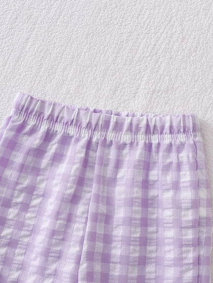 Wholesale 6M-4T Girls 2Pcs Gingham Lace Bow Long Sleeve Pajama Set, Kids Soft Woven Plaid Sweet Loungewear Outfit