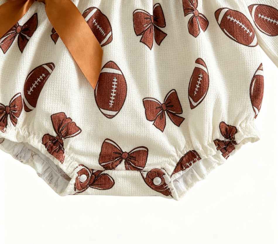 Wholesale 0-18M Baby Girls Ruffle Football Print Waffle Knit Bodysuit, Soft Game Day Long Sleeve Halloween Romper