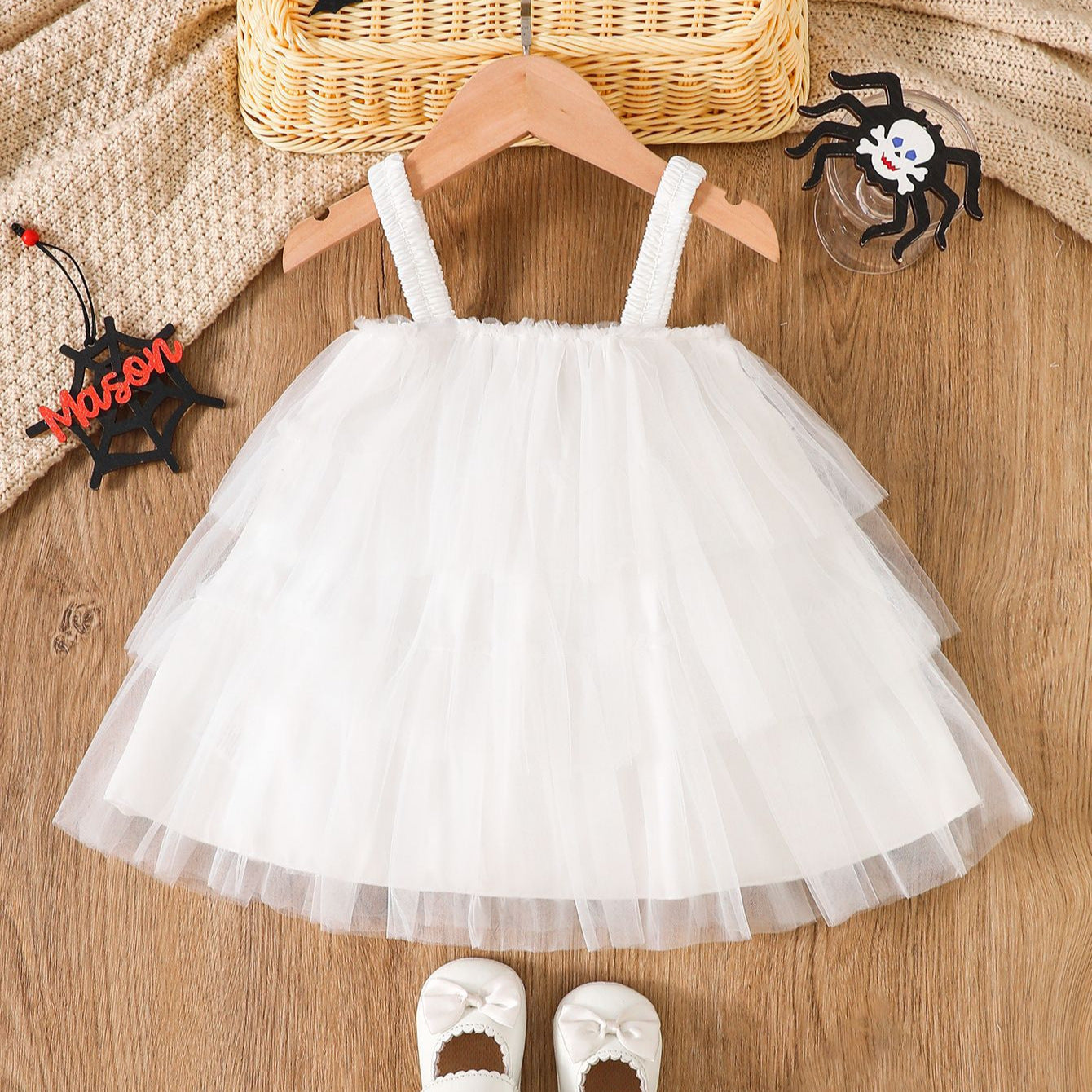 Wholesale 6M-4T Girls Spaghetti Strap Ghost Tiered Tulle Princess Dress, Kids Halloween Soft Mesh Party Dress