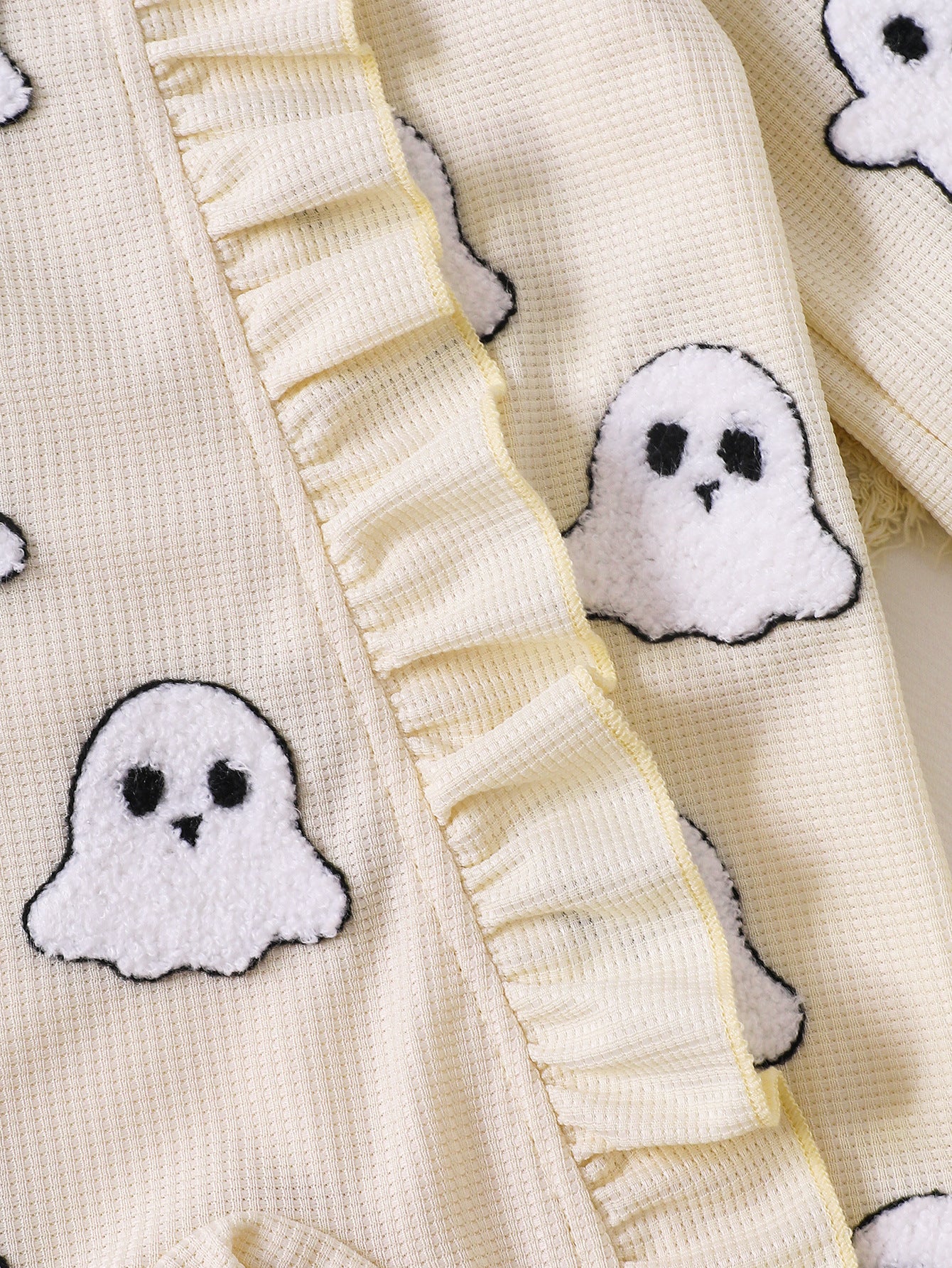Wholesale 0-18M Baby Girls 2Pcs Ruffle Zipper Halloween Towel Embroidery Jumpsuit Set, Soft Waffle Knit Pumpkin Ghost Romper With Bow Headband