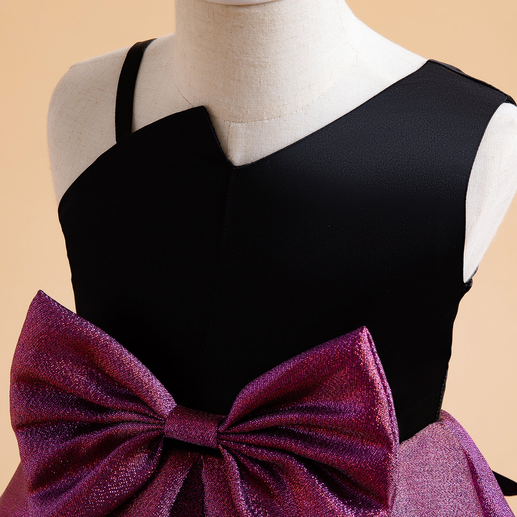 Wholesale 2-10Y Girls Asymmetrical Spaghetti Strap Big Bow Color Block Woven Princess Dress, Kids Birthday Party Soft Shimmer Woven Formal Gown