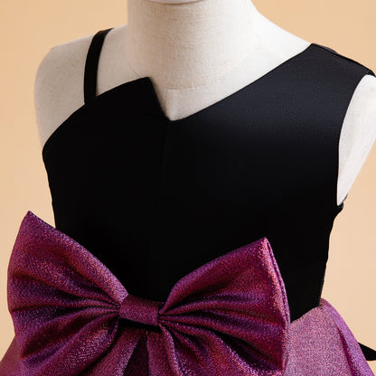 Wholesale 2-10Y Girls Asymmetrical Spaghetti Strap Big Bow Color Block Woven Princess Dress, Kids Birthday Party Soft Shimmer Woven Formal Gown