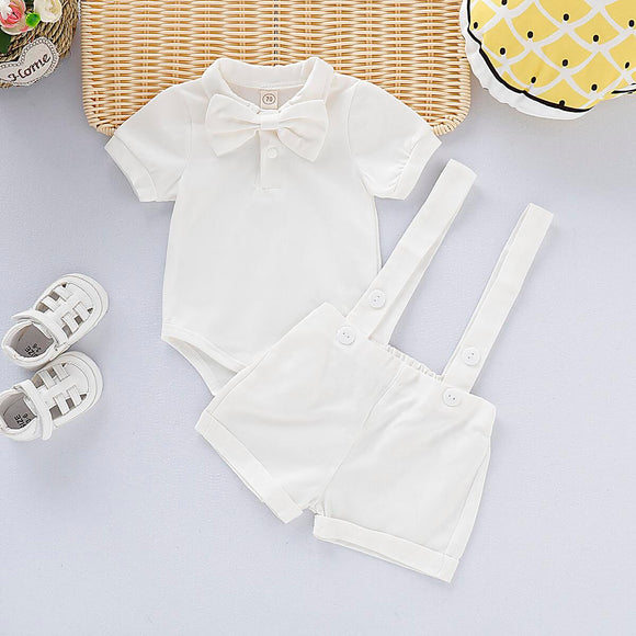 3-24M Christening Newborn Baby Boys Clothes Baby Boys 2PCS Outfits Short Sleeve Lapel Romper Tops Overall Shorts Gentle Set White Catpapa 190390-1