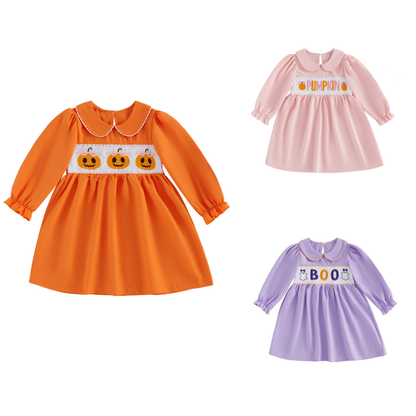 Wholesale 18M-6Y Girls Peter Pan Collar Halloween Smocked Embroidery Woven Dress, Kids Soft Long Sleeve Halloween Casual Dress