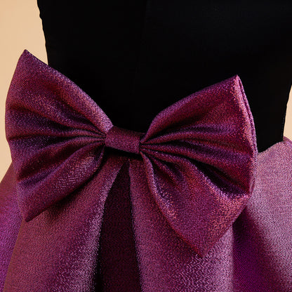 Wholesale 2-10Y Girls Asymmetrical Spaghetti Strap Big Bow Color Block Woven Princess Dress, Kids Birthday Party Soft Shimmer Woven Formal Gown