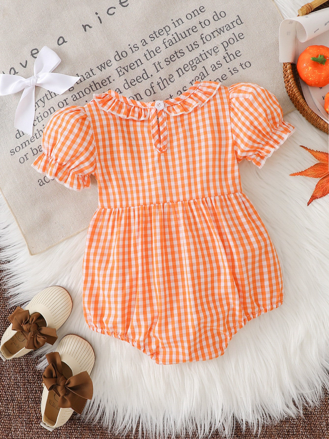 Wholesale 0-18M Baby Girls Ruffle Collar Orange Gingham Pumpkin Embroidery Bodysuit, Soft Woven Halloween Short Sleeve Romper