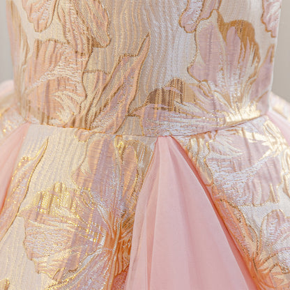 Wholesale 2-10Y Girls Sleeveless Gold Floral Jacquard Tulle Princess Dress, Kids Birthday Party Soft Woven Formal Gown
