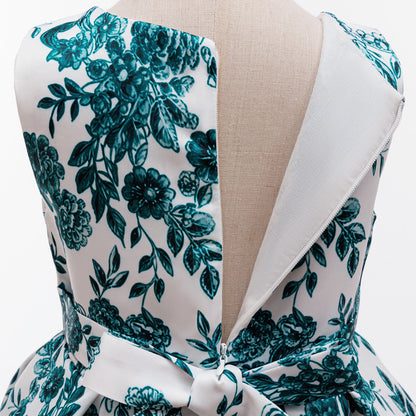 Wholesale 2-10Y Girls Sleeveless Green Floral Print Woven Princess Dress, Kids Birthday Party Satin Bow Soft Fabric Formal Gown