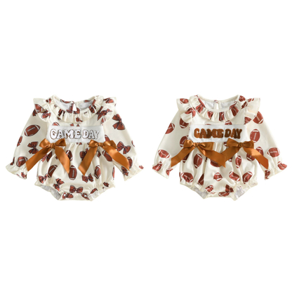 Wholesale 0-18M Baby Girls Ruffle Football Print Waffle Knit Bodysuit, Soft Game Day Long Sleeve Halloween Romper