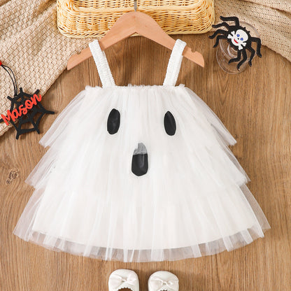Wholesale 6M-4T Girls Spaghetti Strap Ghost Tiered Tulle Princess Dress, Kids Halloween Soft Mesh Party Dress