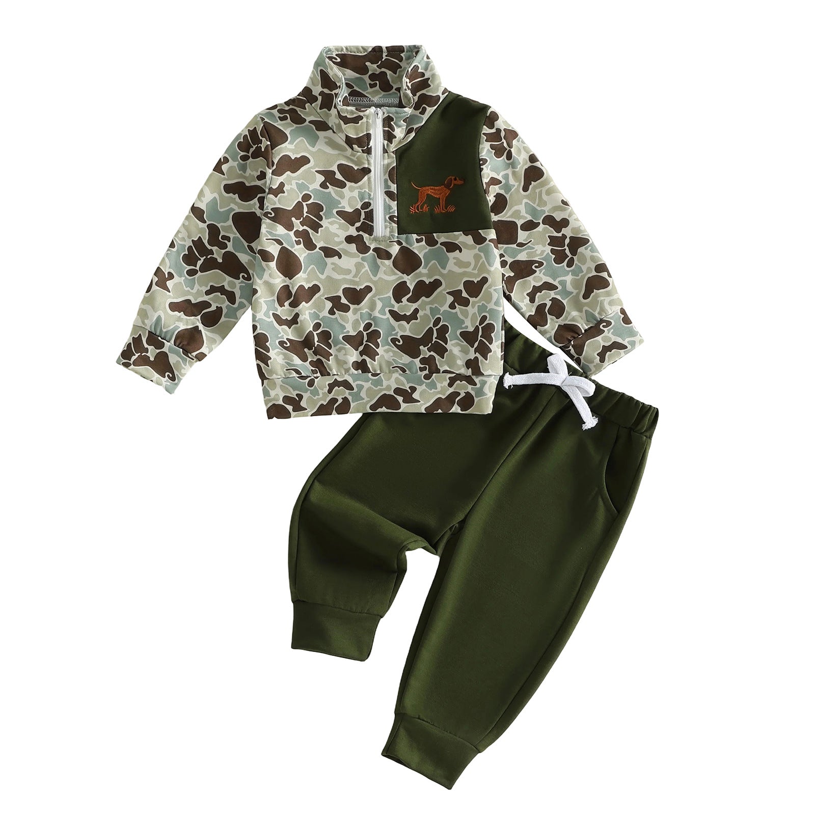 Wholesale 6M-4T Boys 2Pcs Camo Dog Embroidery Half Zip Sweatshirt Outfit Set, Soft Cotton Knit Hunting Style Toddler Top & Jogger Pants