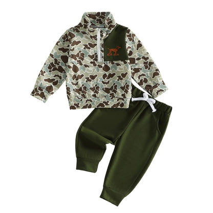 Wholesale 6M-4T Boys 2Pcs Camo Dog Embroidery Half Zip Sweatshirt Outfit Set, Soft Cotton Knit Hunting Style Toddler Top & Jogger Pants