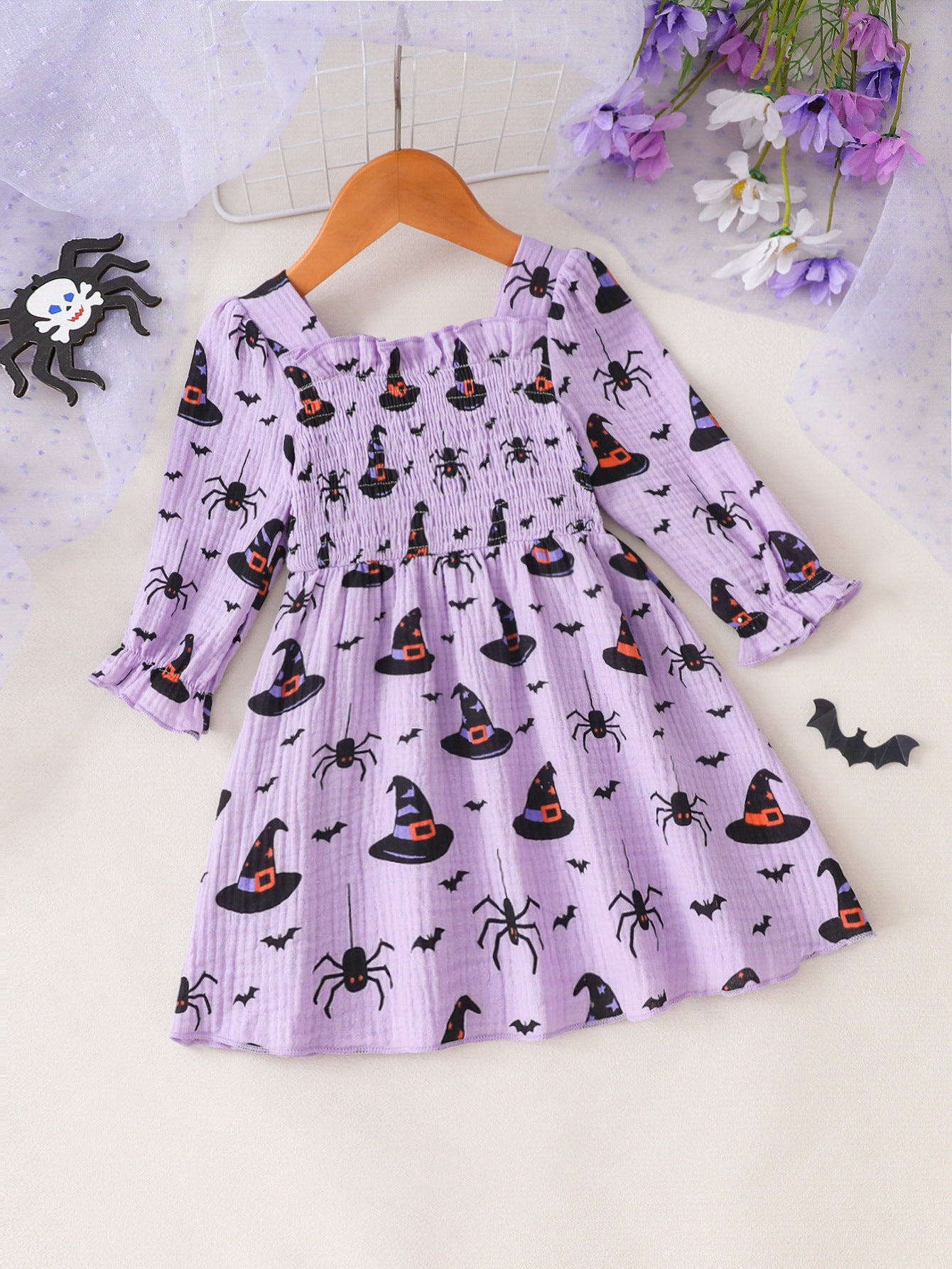 Wholesale 6M-4T Girls Square Neck Halloween Print Smocked Long Sleeve Dress, Soft Crinkle Woven Toddler A-Line Casual Dress