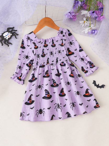 Wholesale 6M-4T Girls Square Neck Halloween Print Smocked Long Sleeve Dress, Soft Crinkle Woven Toddler A-Line Casual Dress