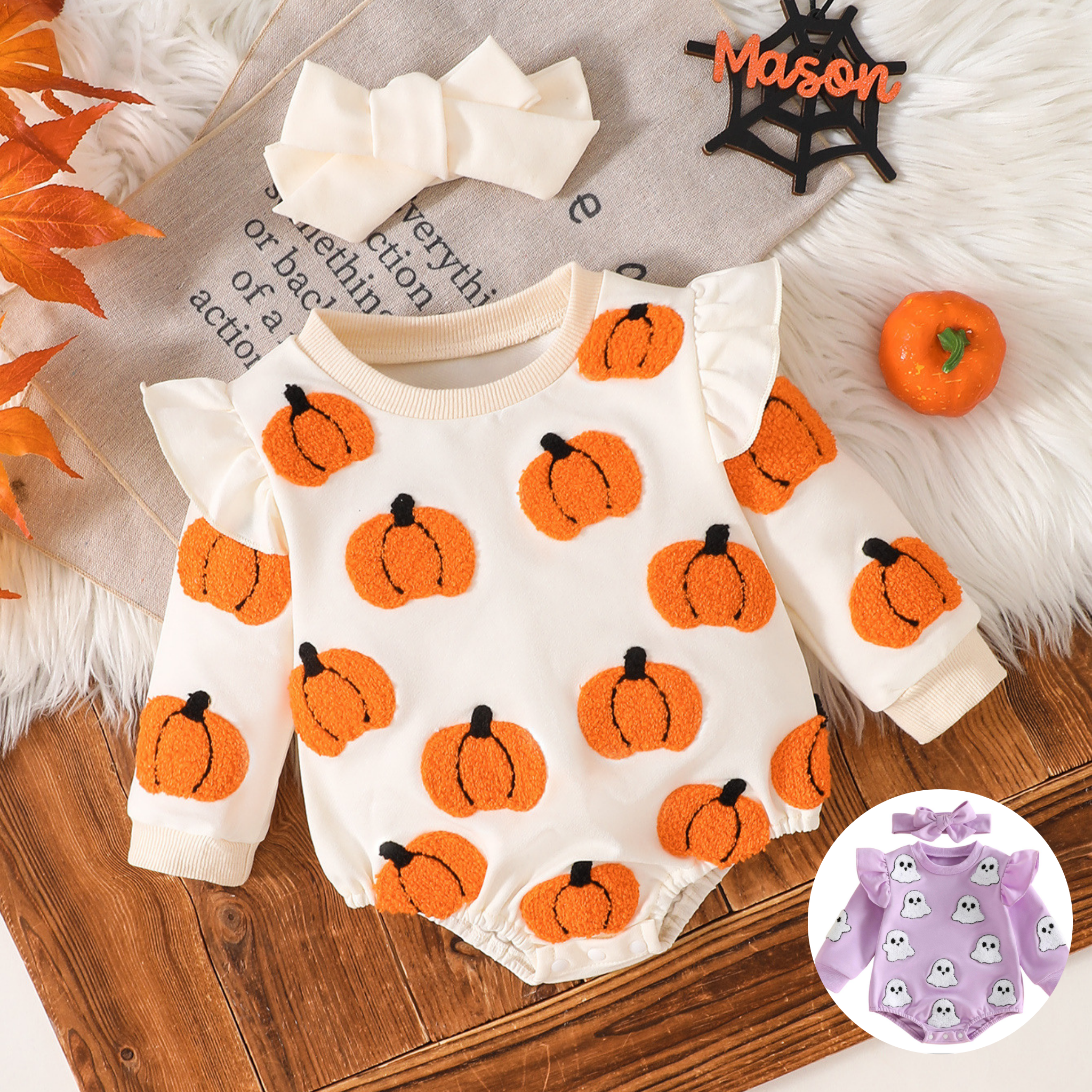 Wholesale 0-18M Baby Girls 2Pcs Ruffle Sleeve Halloween Towel Embroidery Bodysuit Set, Soft Knit Ghost Pumpkin Romper With Bow Headband