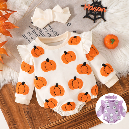 Wholesale 0-18M Baby Girls 2Pcs Ruffle Sleeve Halloween Towel Embroidery Bodysuit Set, Soft Knit Ghost Pumpkin Romper With Bow Headband