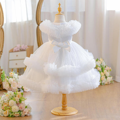 Wholesale 18M-7Y Girls Ruffle Tulle Polka Dot Princess Dress, Kids Birthday Party Rhinestone Bow Soft Mesh Formal Gown