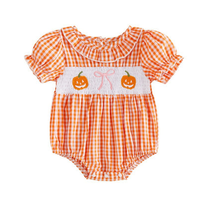 Wholesale 0-18M Baby Girls Ruffle Collar Orange Gingham Pumpkin Embroidery Bodysuit, Soft Woven Halloween Short Sleeve Romper
