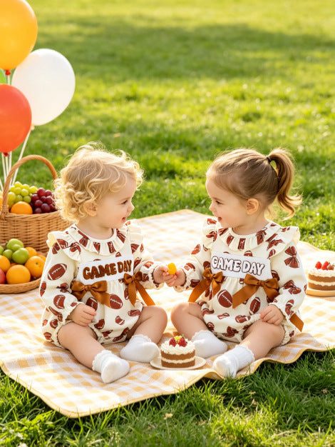 Wholesale 0-18M Baby Girls Ruffle Football Print Waffle Knit Bodysuit, Soft Game Day Long Sleeve Halloween Romper