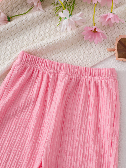 Wholesale 6M-4T Girls 2Pcs 3D Flower Mesh Cami Top Wide Leg Pants Outfit Set, Kids Soft Crinkle Fabric Summer Casual Two Piece Set