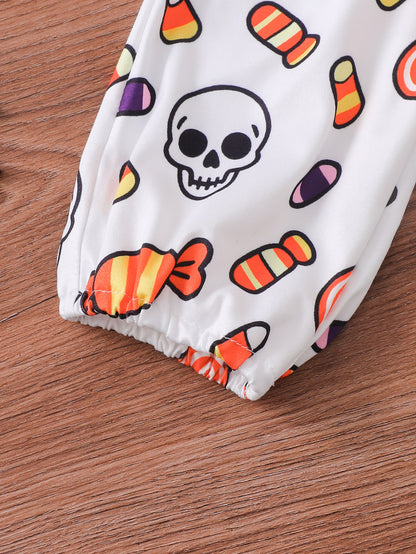 Wholesale 0-18M Baby Girls 3Pcs Ruffle Sleeve Halloween Print Bodysuit Outfit Set, Soft Cotton Knit Pumpkin Skull Ghost Long Sleeve Romper Pants With Bow Headband