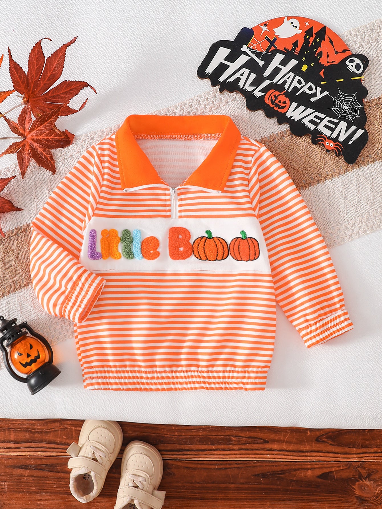Wholesale 6M-4T Boys Striped Half Zip Polo Sweatshirt, Soft Knit Halloween Ghost Pumpkin Towel Embroidery Long Sleeve Top