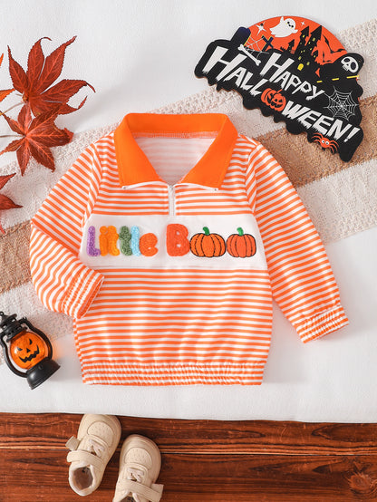 Wholesale 6M-4T Boys Striped Half Zip Polo Sweatshirt, Soft Knit Halloween Ghost Pumpkin Towel Embroidery Long Sleeve Top