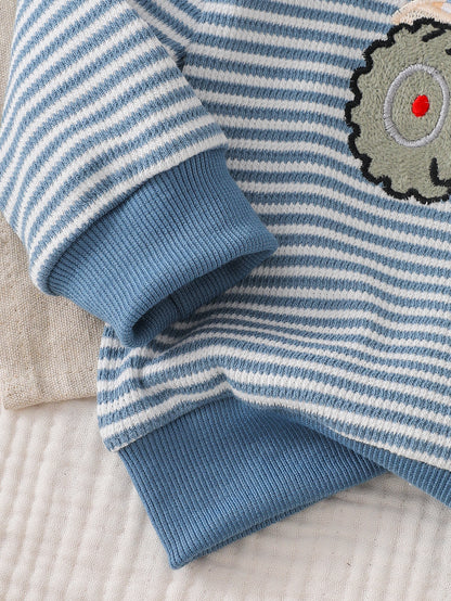 Wholesale 6M-4T Boys 2Pcs Stripe Tractor Embroidery Outfit Set, Soft Rib Knit Casual Crew Neck Sweatshirt & Jogger Pants
