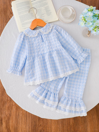 Wholesale 6M-4T Girls 2Pcs Gingham Lace Bow Long Sleeve Pajama Set, Kids Soft Woven Plaid Sweet Loungewear Outfit