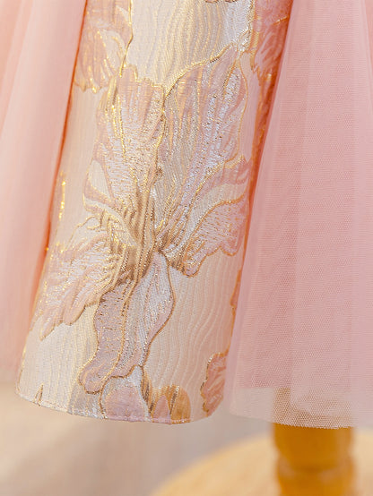 Wholesale 2-10Y Girls Sleeveless Gold Floral Jacquard Tulle Princess Dress, Kids Birthday Party Soft Woven Formal Gown
