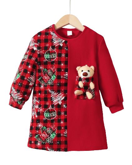 4-7Y Ready Stock 2-piece Girls' Christmas Dress Red Plaid Print Crew Neck Sweatshirt Dress And Plush Toy Bear Set Kids Fall/Winter Clothes Catpapa JIT10432537